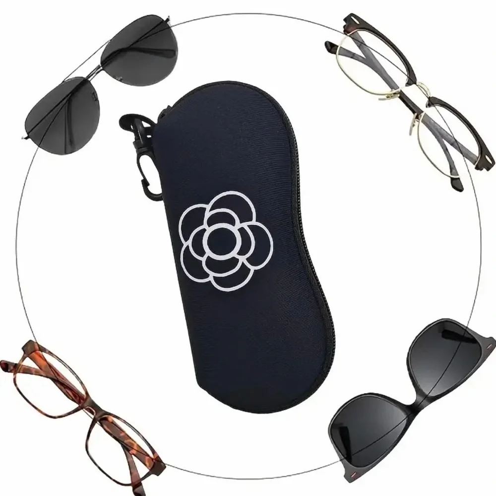 Elegant Black Glasses Case with Keychain, NEW, Camilla Flower